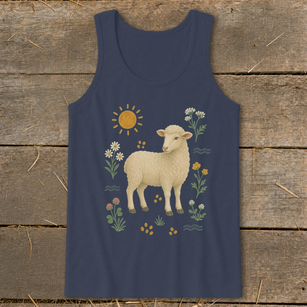 Navy tank top with a sheep and wildflowers graphic.