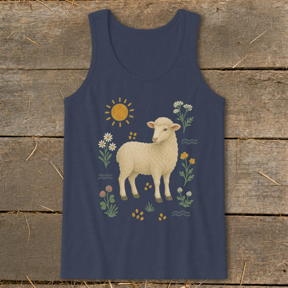 Navy tank top with a sheep and wildflowers graphic.