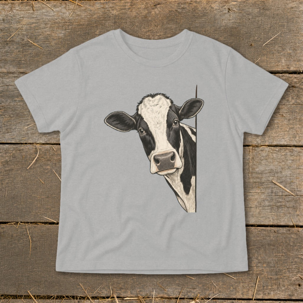 Black and white cow peeking from the side on a gray t-shirt.