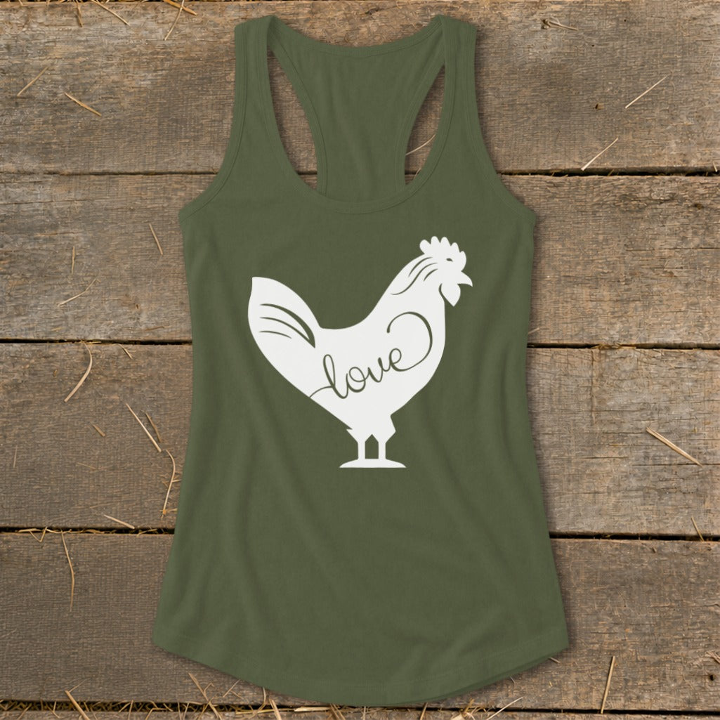 Olive green tank top with a white chicken graphic and the word "love".