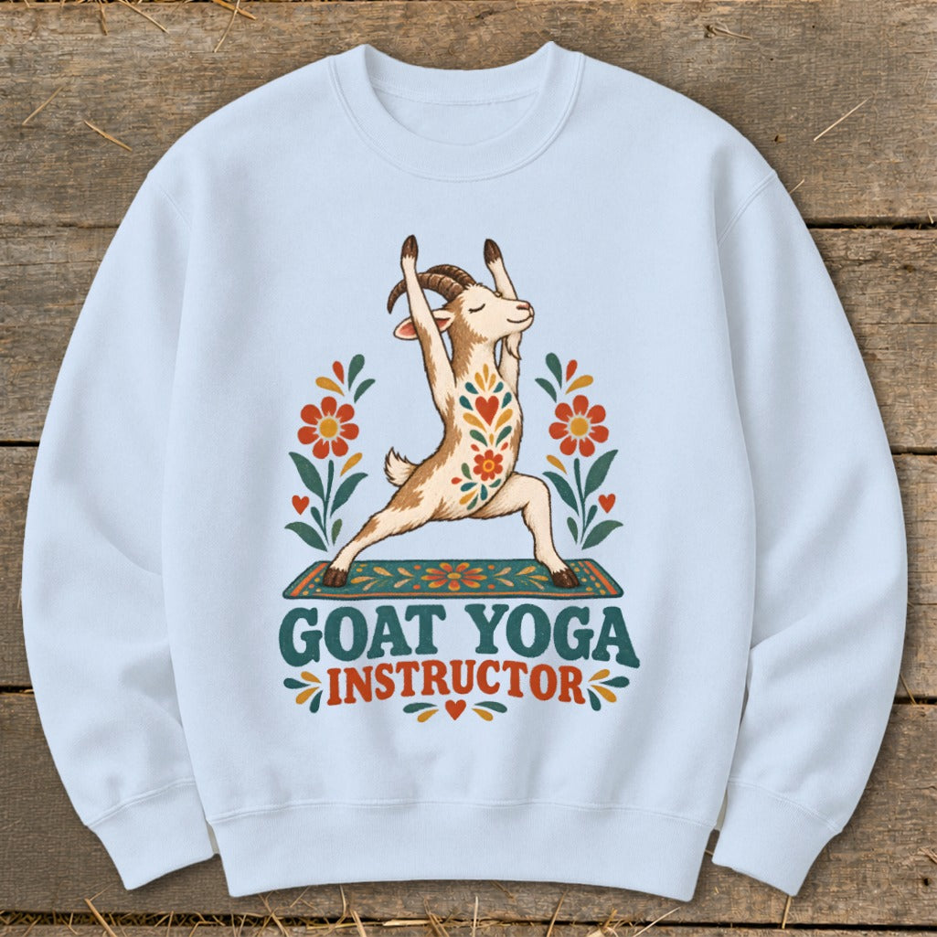 Light blue sweatshirt featuring a goat doing a yoga pose with "Goat Yoga Instructor" text.