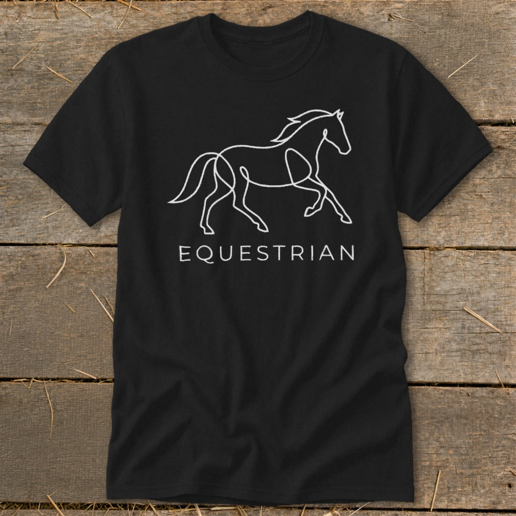 Black t-shirt with white outline of a horse and the word EQUESTRIAN.