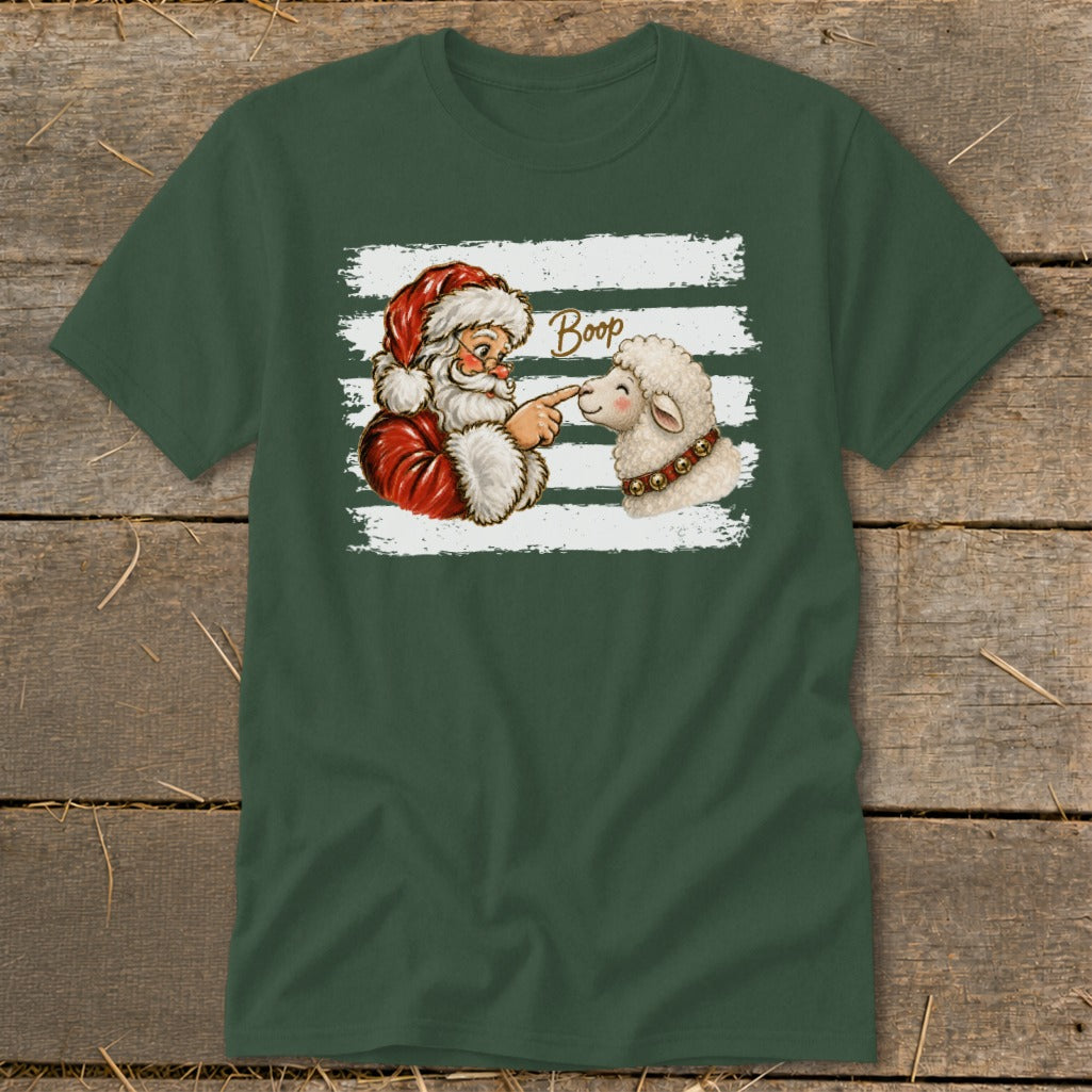 Santa boops a sheep on the nose with text that says "Boop".