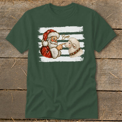 Santa boops a sheep on the nose with text that says "Boop".