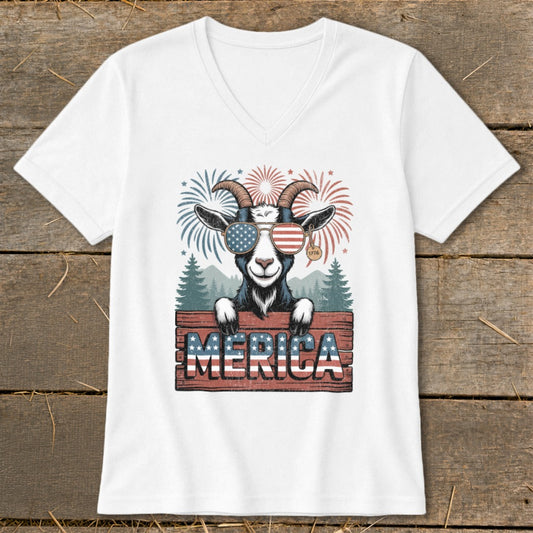 Goat wearing American flag sunglasses and 1776 tag with fireworks and "MERICA" sign.