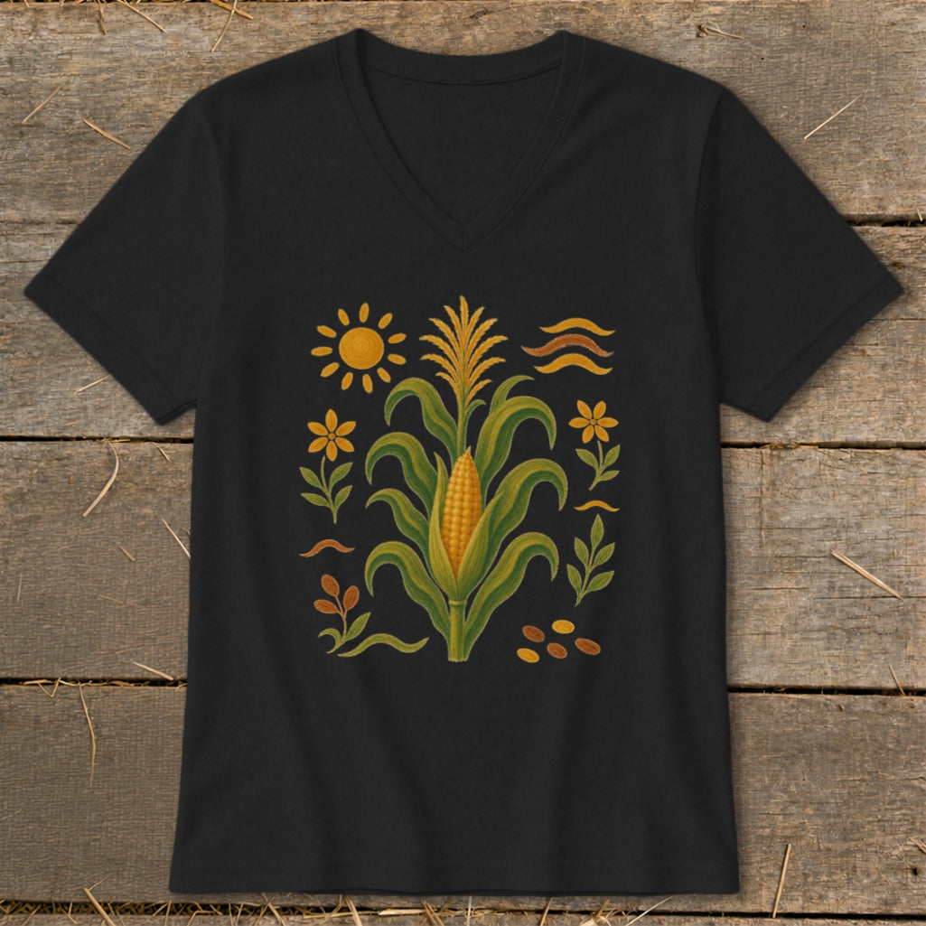 Black v-neck t-shirt with corn stalks, sun, and floral graphics.