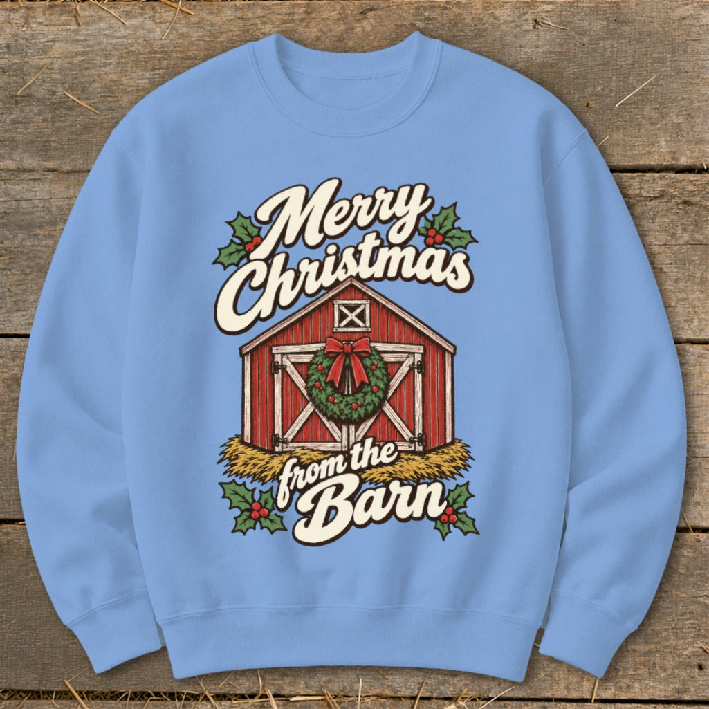 Light blue sweatshirt with "Merry Christmas from the Barn" and barn graphic.