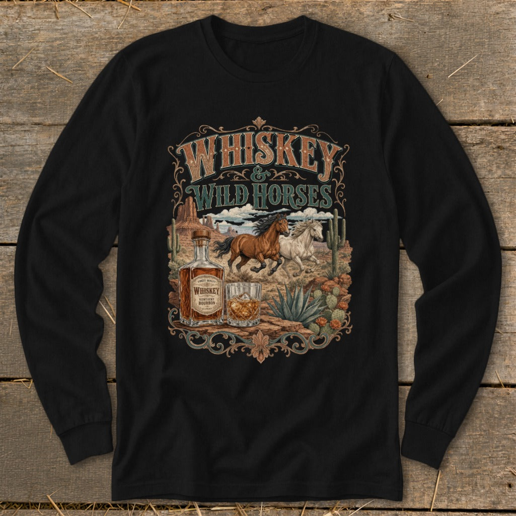 Long sleeve black t-shirt with "Whiskey & Wild Horses" text, horses, whiskey bottle, and desert scene.