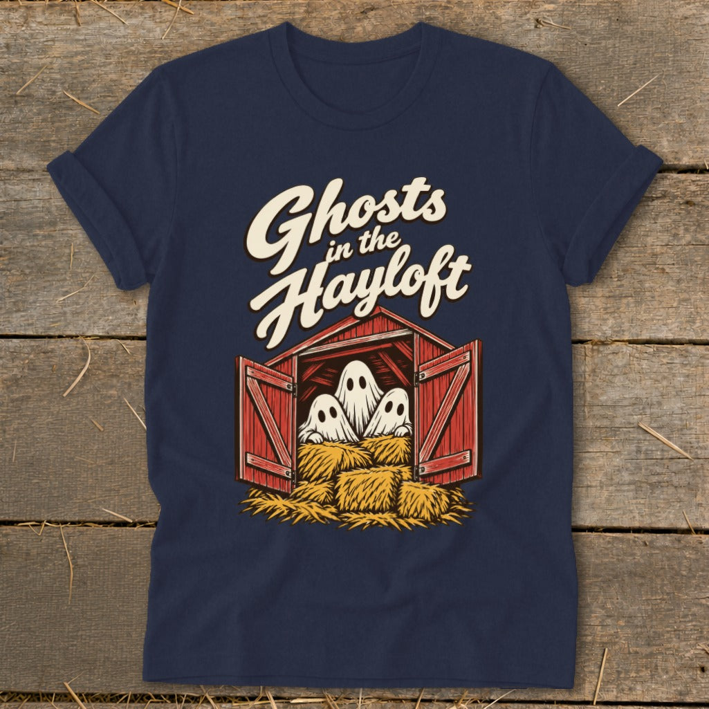 Navy t-shirt with "Ghosts in the Hayloft" text and ghosts in a barn.