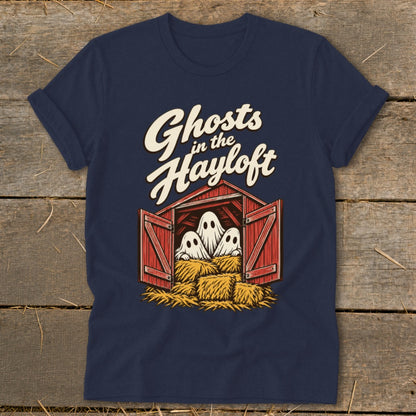 Navy t-shirt with "Ghosts in the Hayloft" text and ghosts in a barn.