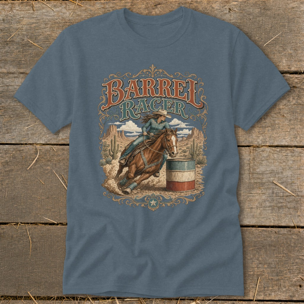 T-shirt graphic with text "Barrel Racer" and illustration of cowgirl on horse.