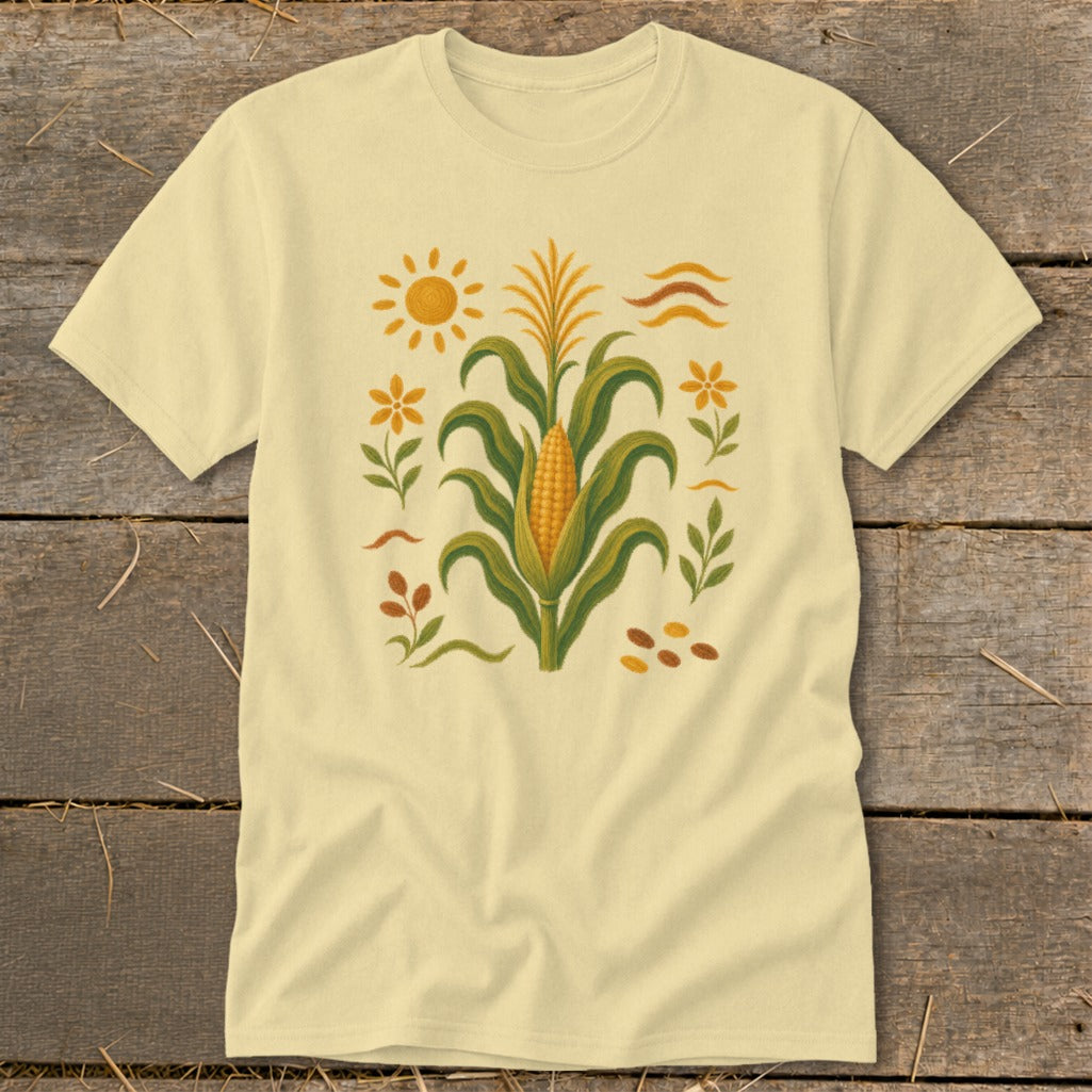 Pale yellow t-shirt with a corn stalk, sun, flowers, and leaves graphic.