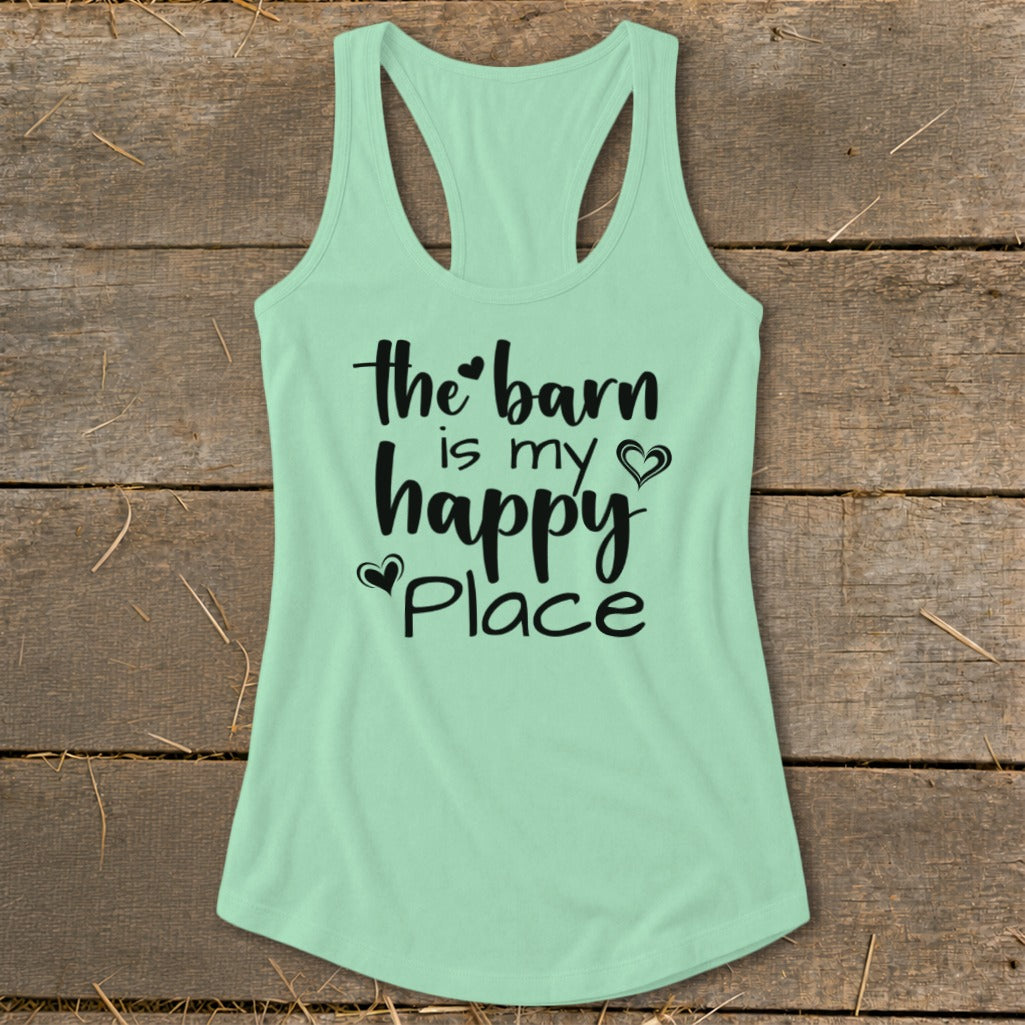 Mint green tank top with "the barn is my happy place" text and hearts.