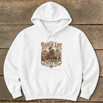 White hoodie with "Ranch Life Chose Me" text and a western-themed graphic.