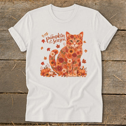 White t-shirt with a floral cat design and "Pumpkin season" text.