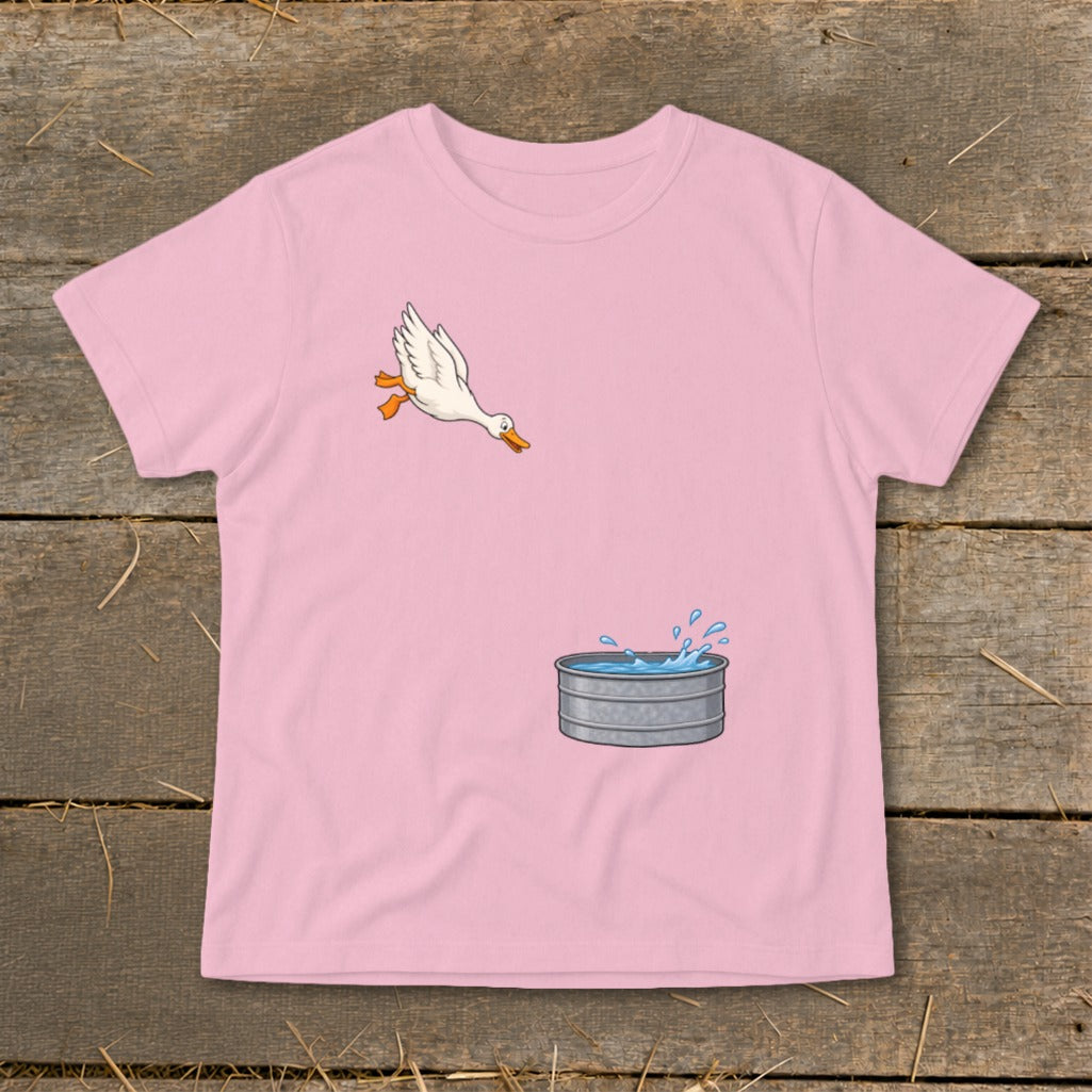 Pink t-shirt with cartoon duck jumping into a galvanized tub of water.