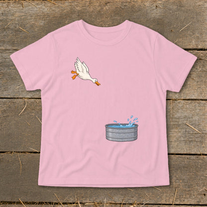 Pink t-shirt with cartoon duck jumping into a galvanized tub of water.