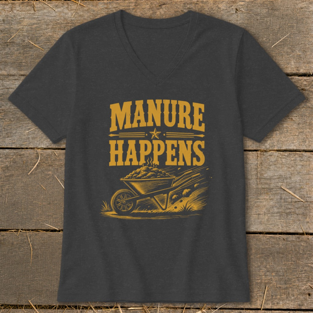 Dark grey t-shirt with yellow graphic featuring a wheelbarrow full of manure and text "MANURE HAPPENS".