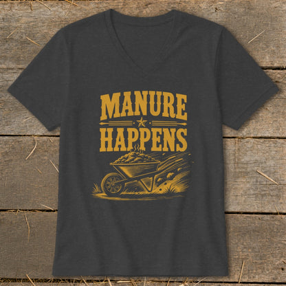 Dark grey t-shirt with yellow graphic featuring a wheelbarrow full of manure and text "MANURE HAPPENS".