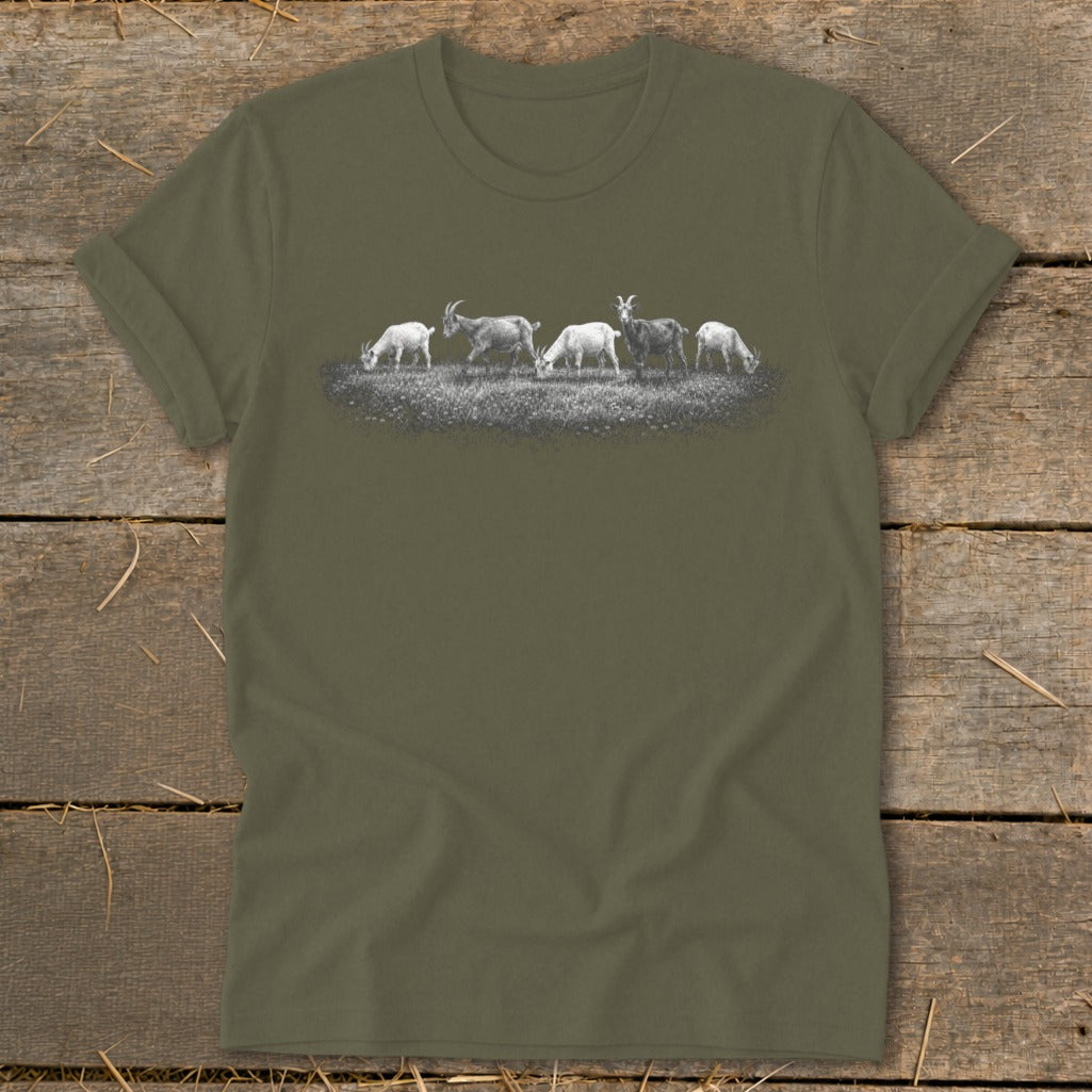 T-shirt with a graphic of five goats grazing in a field.