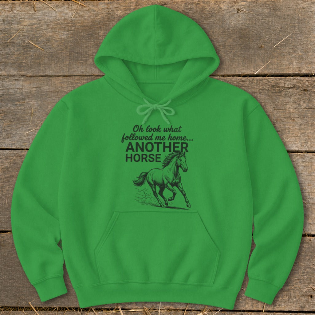 Green hoodie with "Oh look what followed me home... ANOTHER HORSE" and a running horse graphic.
