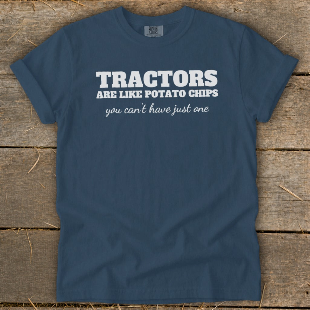 Navy t-shirt with white text "Tractors are like potato chips you can't have just one".