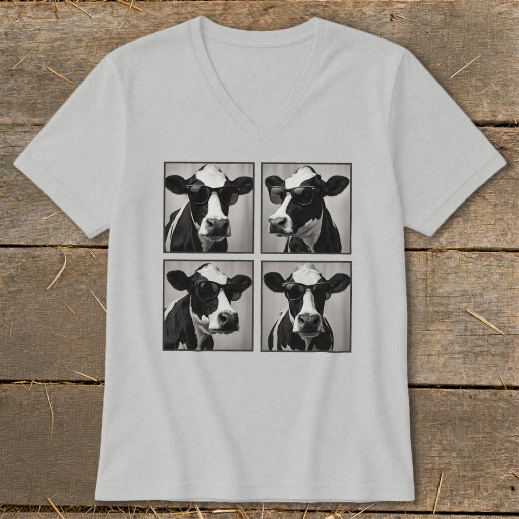 Black and white print of four cows wearing sunglasses on a light grey t-shirt.