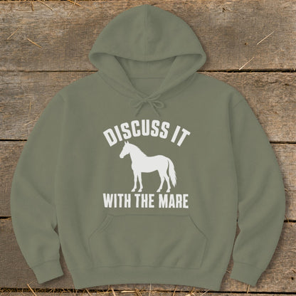 Olive green hoodie with white text "DISCUSS IT WITH THE MARE" and a white horse silhouette.