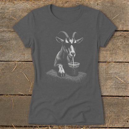 Goat wearing sunglasses drinks from a cup with a straw on a t-shirt.