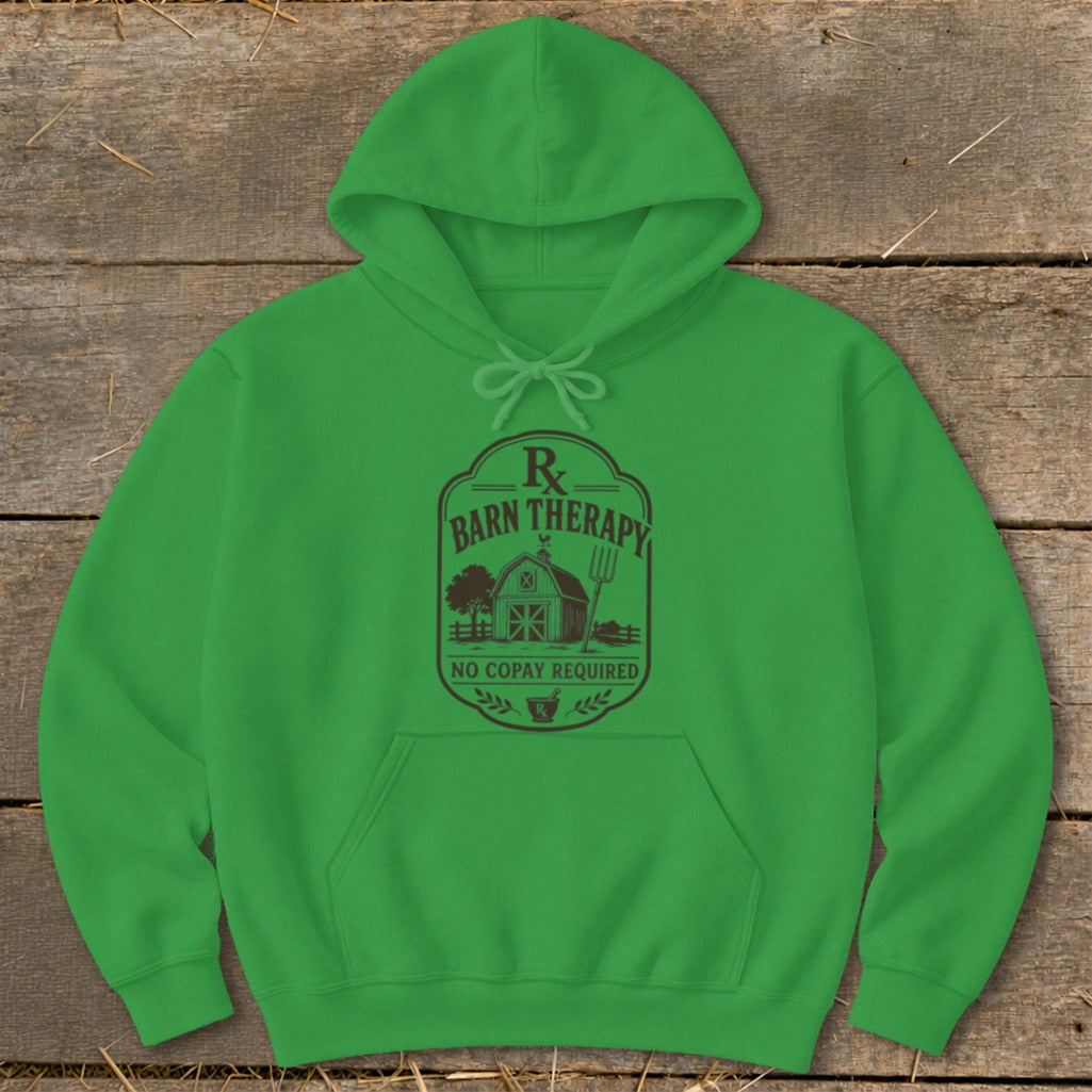Green hoodie with "Barn Therapy No Copay Required" graphic featuring a barn and pitchfork.