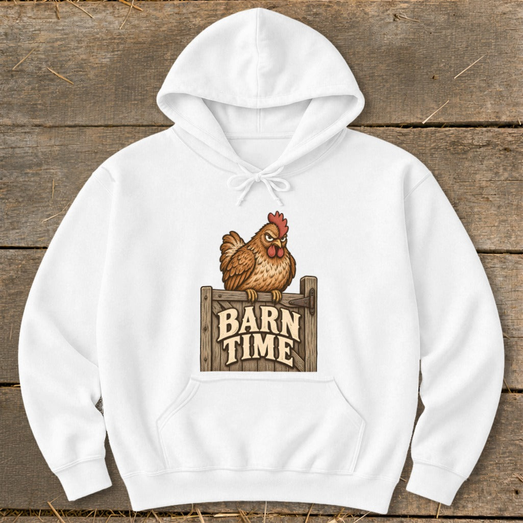 White hoodie with a chicken on a "BARN TIME" wooden sign graphic.