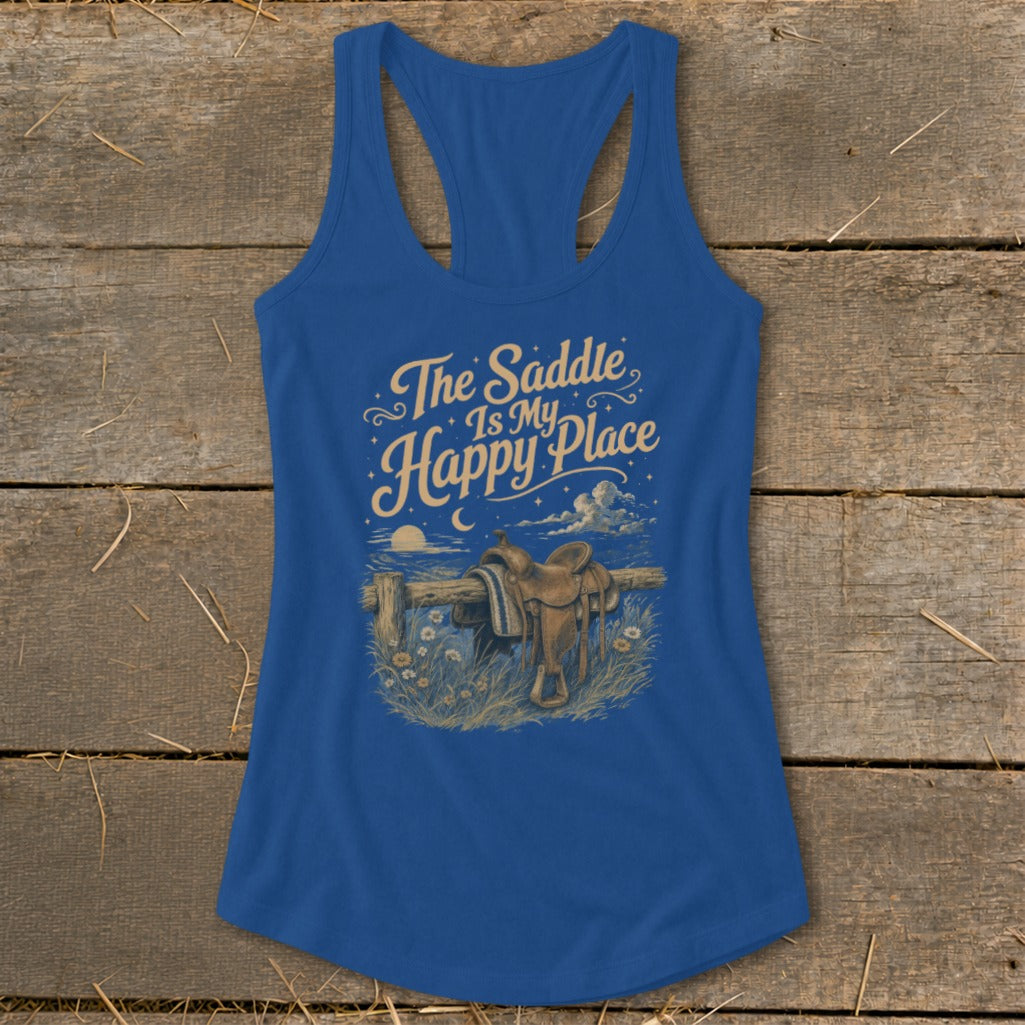Blue tank top with "The Saddle Is My Happy Place" text and a saddle on a fence.