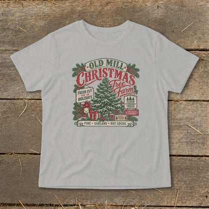 Old Mill Christmas Tree Farm graphic with pine, garland, and hot cocoa.