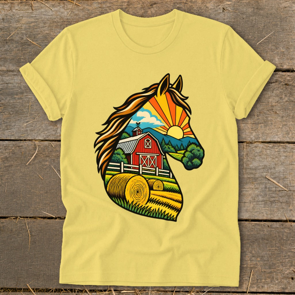 Pale yellow t-shirt featuring a horse head graphic filled with a colorful farm landscape illustration.