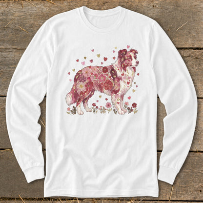 White long-sleeve shirt with a floral and heart-decorated dog illustration.