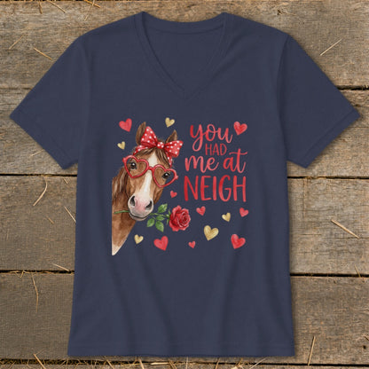 Horse wearing heart glasses with rose, "you had me at NEIGH" text, surrounded by hearts.