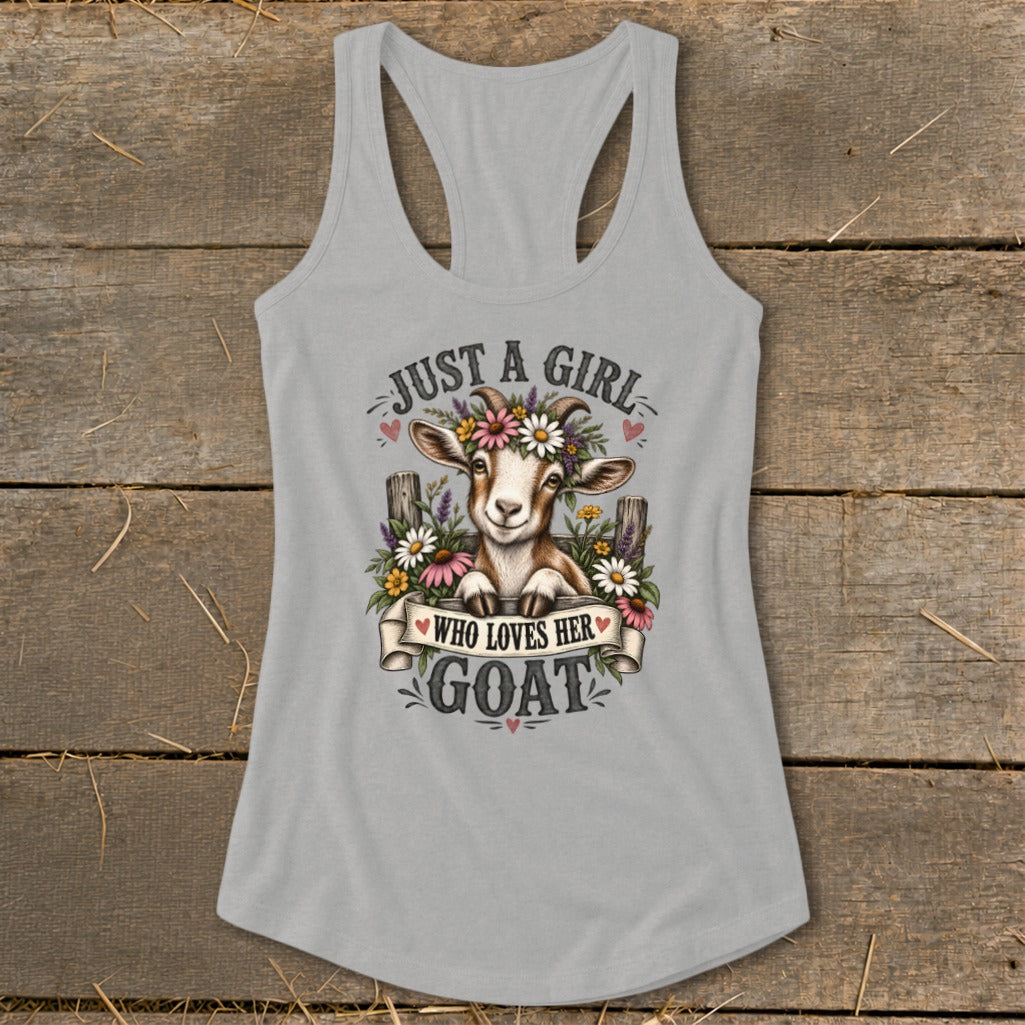 Grey tank top with a goat wearing a flower crown and text "Just a girl who loves her goat".