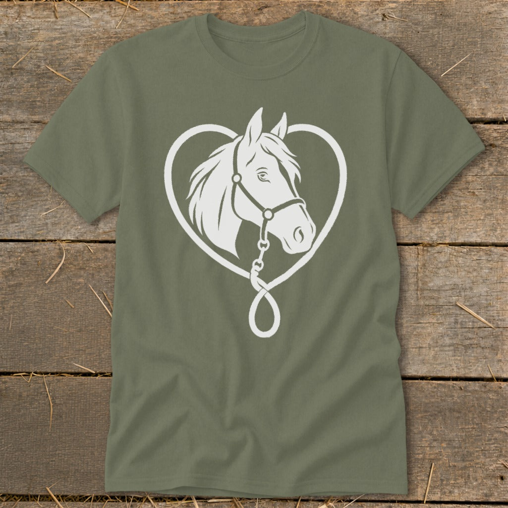 Olive green crewneck t-shirt featuring a white graphic of a horse head inside a heart shape on the chest.