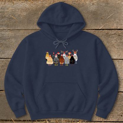 Navy hoodie with a Christmas-themed illustration of chickens wearing Santa hats and string lights.