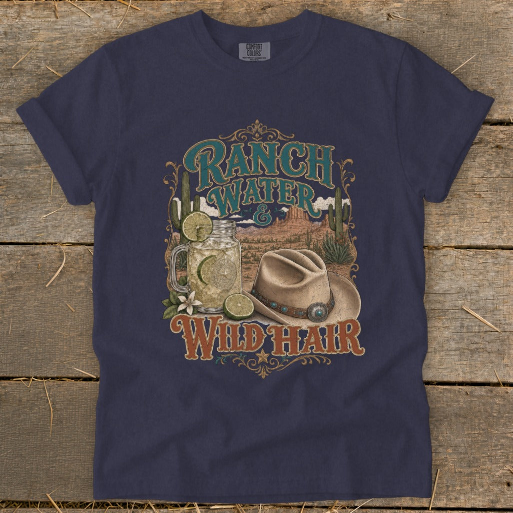Navy t-shirt graphic with "Ranch Water & Wild Hair," a cowboy hat, and a drink.