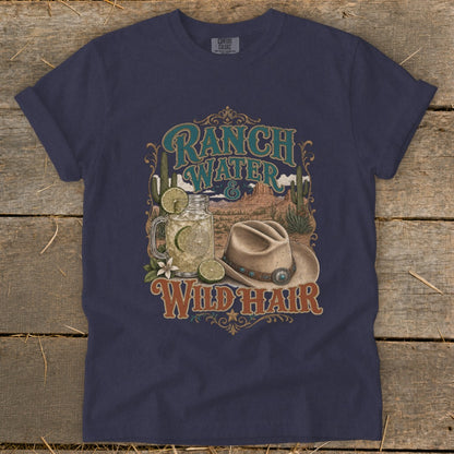Navy t-shirt graphic with "Ranch Water & Wild Hair," a cowboy hat, and a drink.