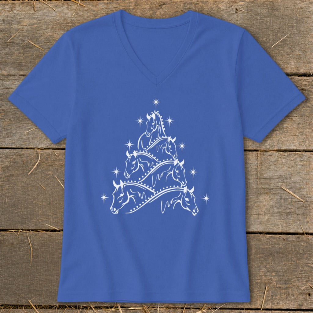 Royal blue v-neck t-shirt with a white horse Christmas tree design.