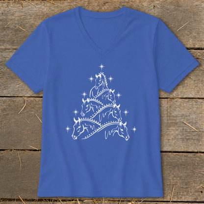 Royal blue v-neck t-shirt with a white horse Christmas tree design.