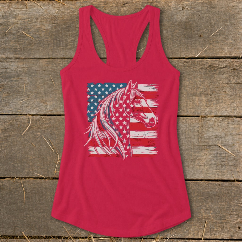 Red tank top with horse head graphic over distressed American flag.
