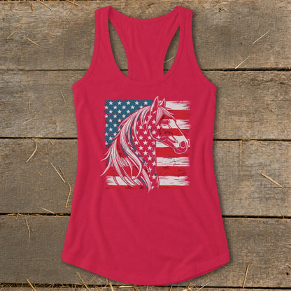 Red tank top with horse head graphic over distressed American flag.