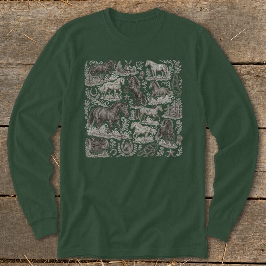Green long-sleeve shirt with a detailed vintage horse graphic pattern.
