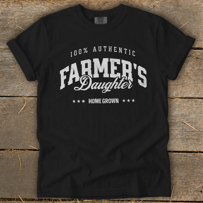 Black t-shirt with "100% Authentic Farmer's Daughter Home Grown" text.