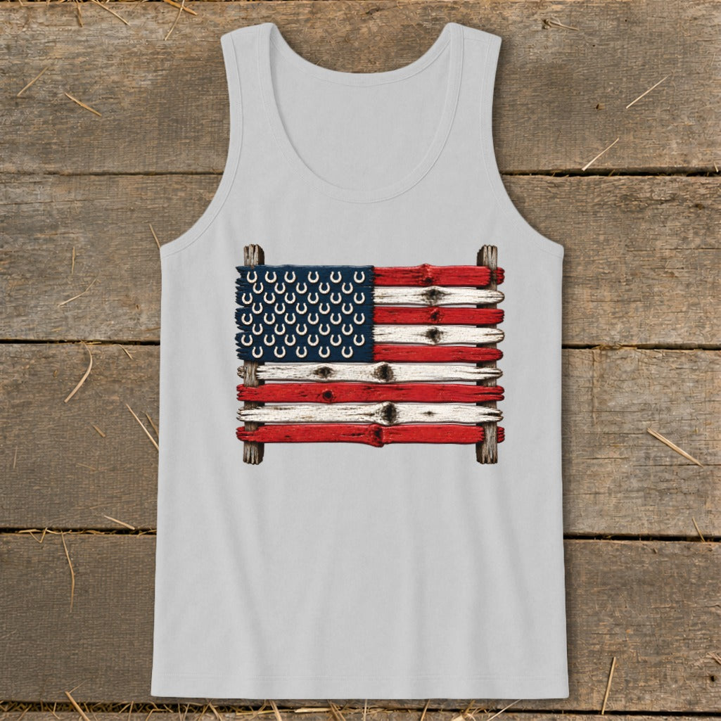 A light gray tank top featuring a rustic American flag made of weathered wood and horseshoes.