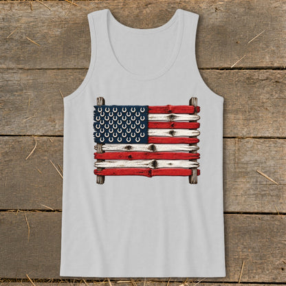 A light gray tank top featuring a rustic American flag made of weathered wood and horseshoes.