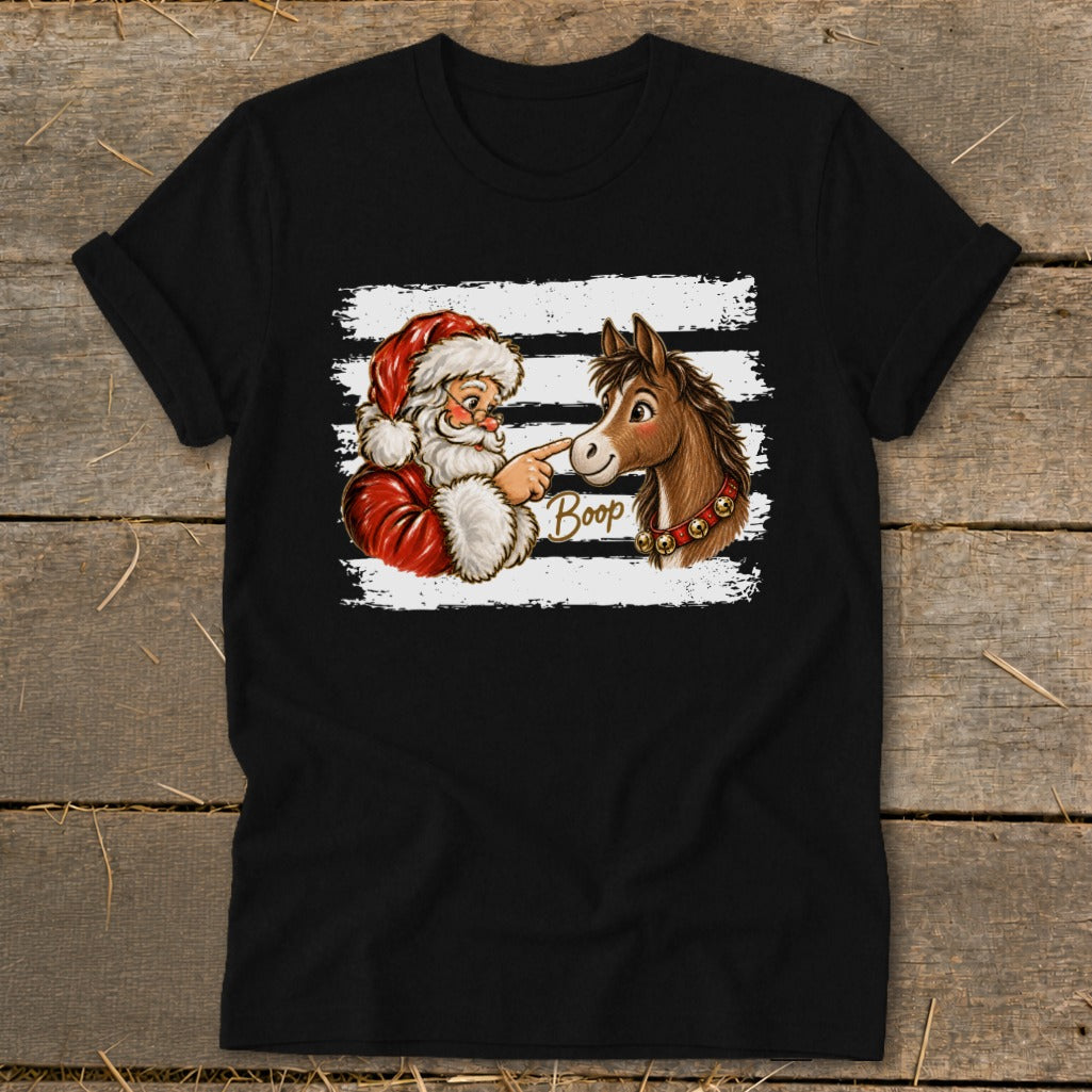 Santa boops a horse's nose on a black t-shirt with the word "Boop".